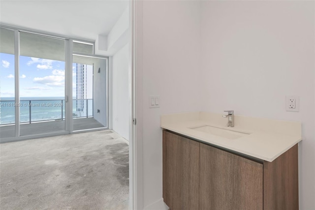 bathroom featuring sink, a water view, and expansive windows