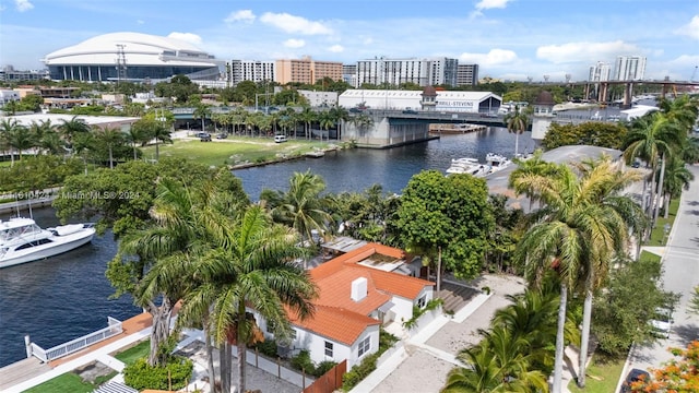 drone / aerial view with a water view