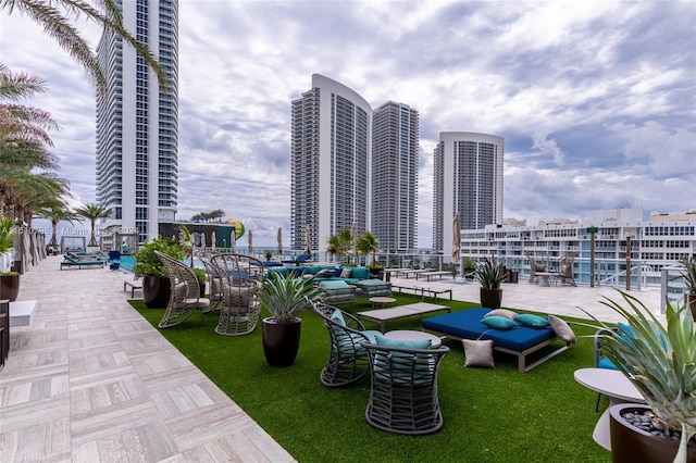 exterior space with a pool and a lawn