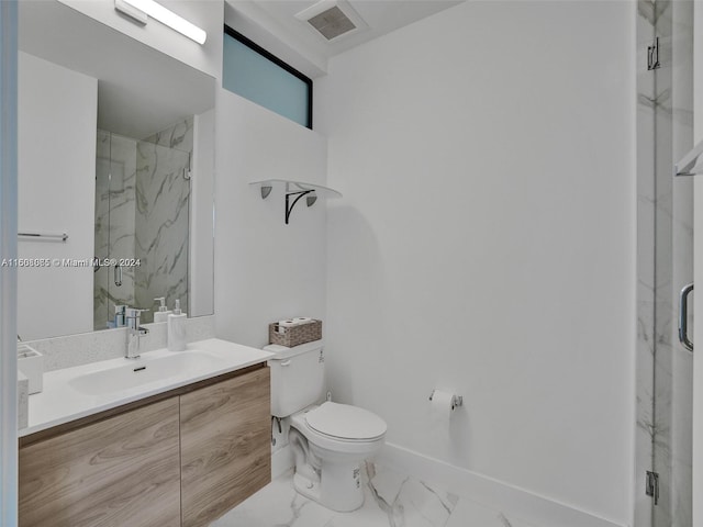 full bath with toilet, marble finish floor, a marble finish shower, and visible vents