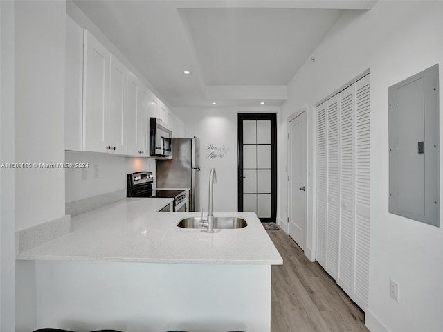 kitchen with electric panel, a peninsula, stainless steel appliances, white cabinetry, and a sink