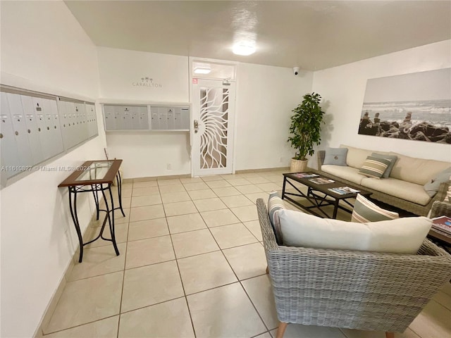 tiled living room featuring mail boxes