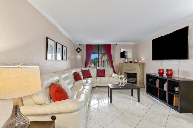 living room with light tile floors and crown molding