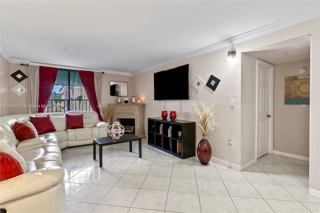 tiled living room with crown molding