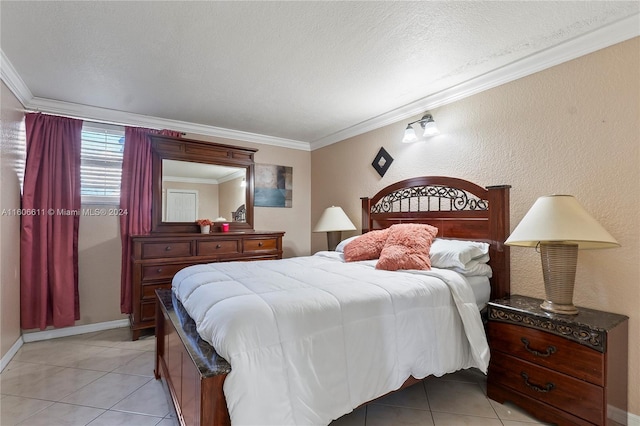 bedroom featuring ornamental molding, a textured ceiling, and light tile floors