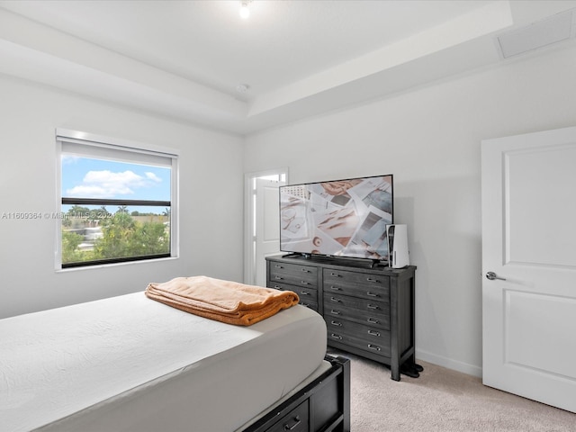 carpeted bedroom with a raised ceiling