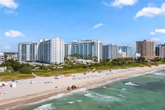 bird's eye view with a water view and a view of the beach