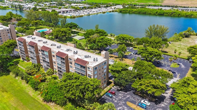 aerial view featuring a water view