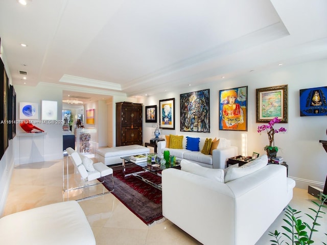 tiled living room featuring visible vents, recessed lighting, baseboards, and a tray ceiling