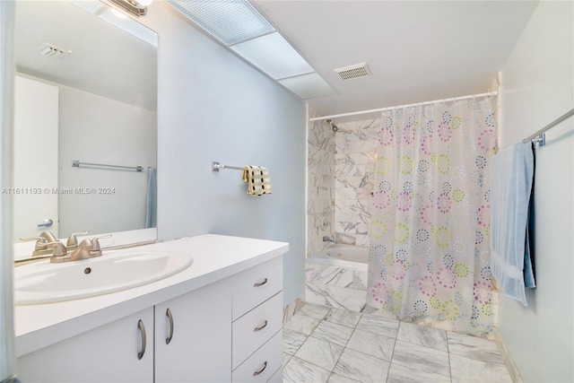 bathroom featuring shower / bathtub combination with curtain, tile flooring, and oversized vanity