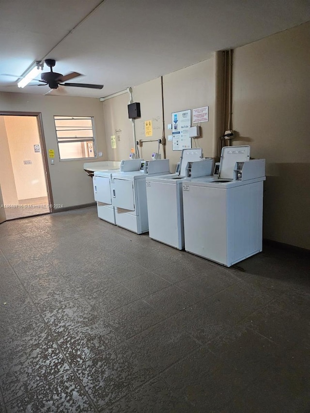 washroom with washer and dryer and ceiling fan