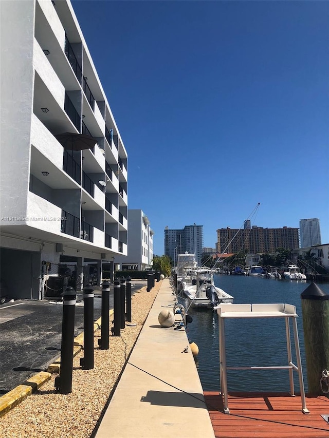 view of dock with a water view