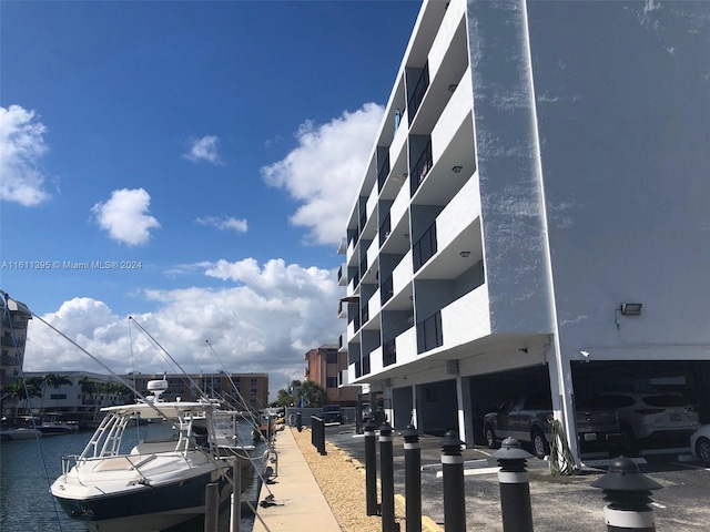 view of building exterior with a water view