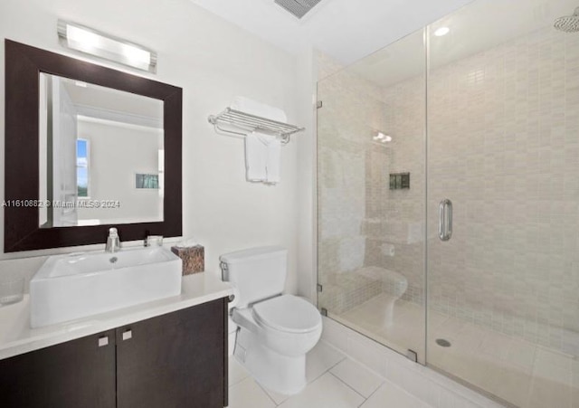 full bathroom with visible vents, a shower stall, toilet, and tile patterned floors