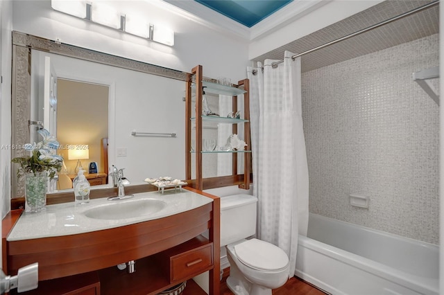 full bathroom with sink, toilet, ornamental molding, and shower / bathtub combination with curtain