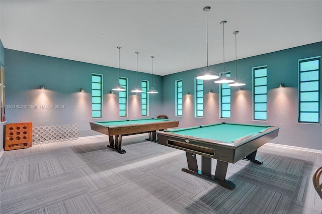 recreation room featuring pool table and light colored carpet