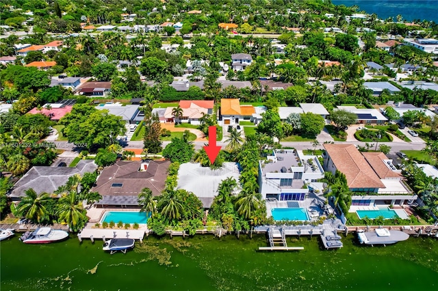 drone / aerial view featuring a water view