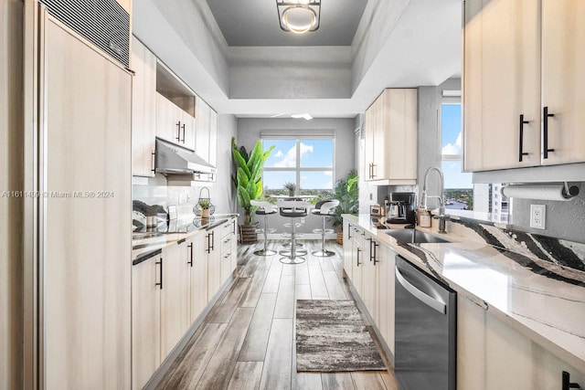 kitchen featuring wood finish floors, stainless steel dishwasher, a sink, light stone countertops, and under cabinet range hood