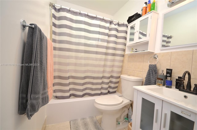 full bathroom with tile walls, shower / bath combo, backsplash, toilet, and vanity