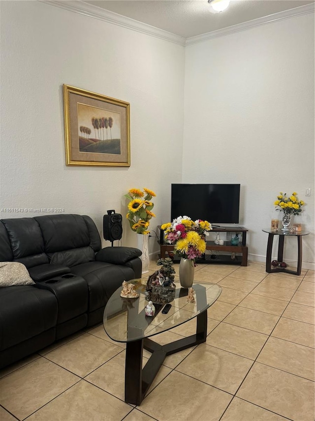 tiled living room with ornamental molding