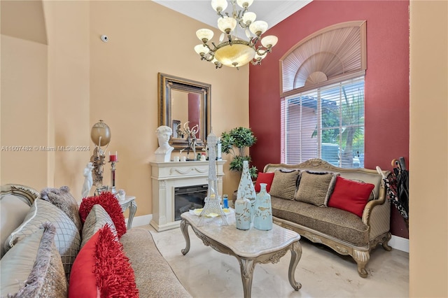 living room with a notable chandelier and carpet