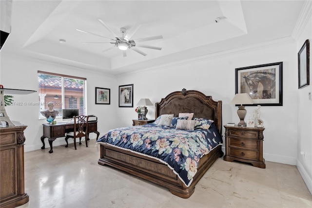 bedroom featuring light tile flooring, ceiling fan, and a raised ceiling