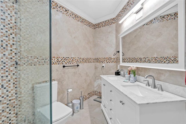 bathroom featuring tile walls, crown molding, tile flooring, and toilet