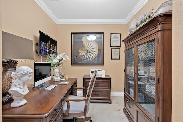 tiled home office featuring ornamental molding