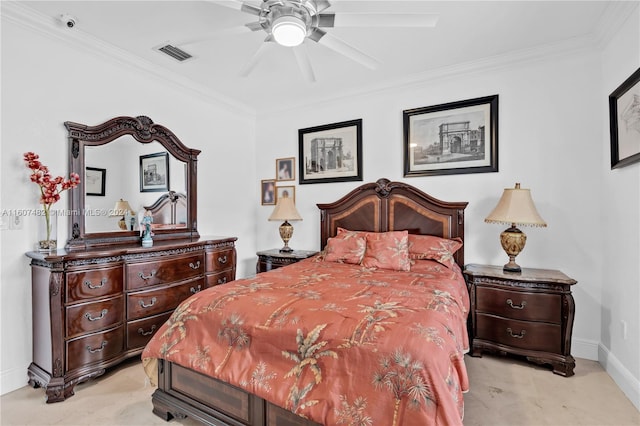 bedroom featuring ceiling fan, crown molding, and light carpet