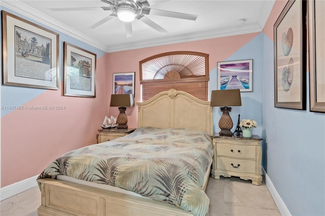 bedroom featuring ceiling fan and crown molding