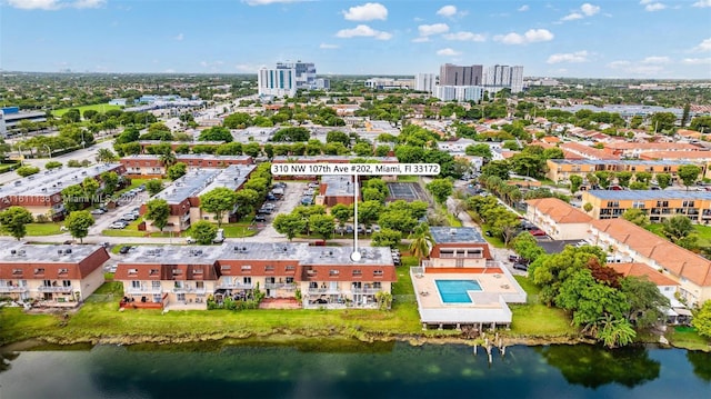 bird's eye view with a water view