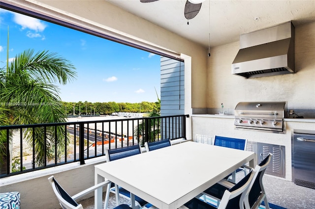 exterior space with ceiling fan and grilling area