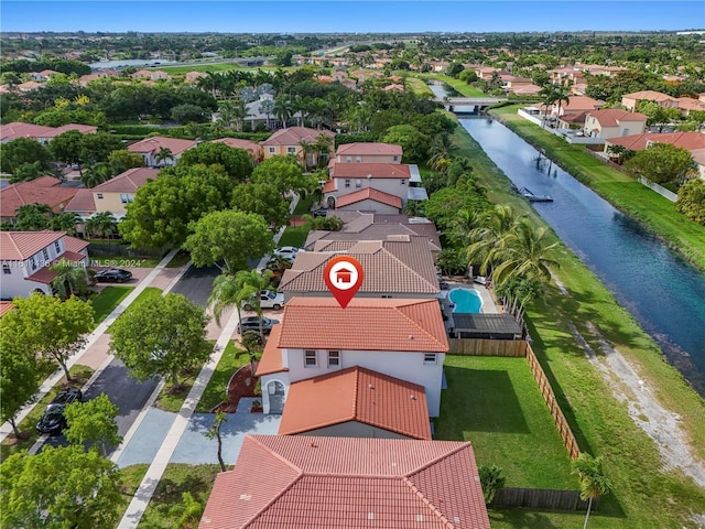 aerial view featuring a water view