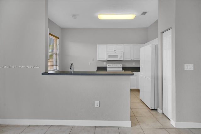 kitchen with kitchen peninsula, light tile patterned floors, white appliances, and white cabinets