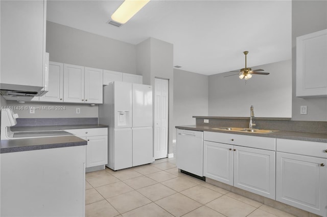 kitchen with ceiling fan, sink, white cabinets, and white appliances