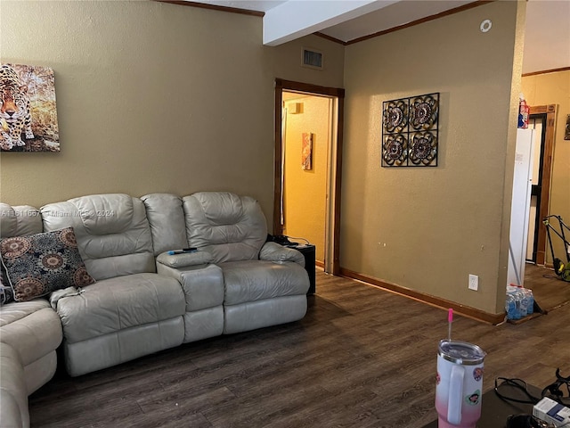 living room with beam ceiling, crown molding, and dark hardwood / wood-style flooring