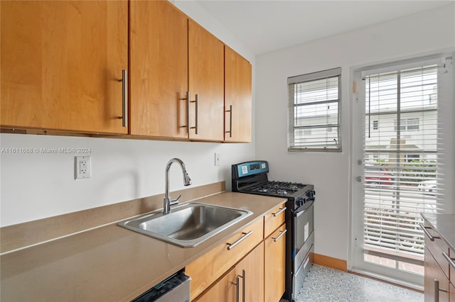 kitchen with sink, stainless steel gas range oven, and a healthy amount of sunlight