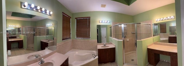 full bathroom with a garden tub, a sink, and a shower stall