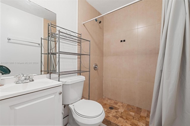 bathroom with walk in shower, vanity, and toilet