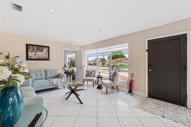 living room with light tile floors