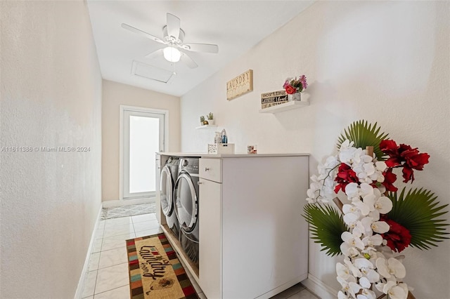 laundry room featuring washing machine and dryer, ceiling fan, and light tile flooring