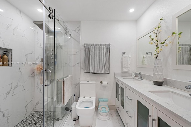 bathroom with a shower with shower door, a bidet, tile flooring, and double sink vanity