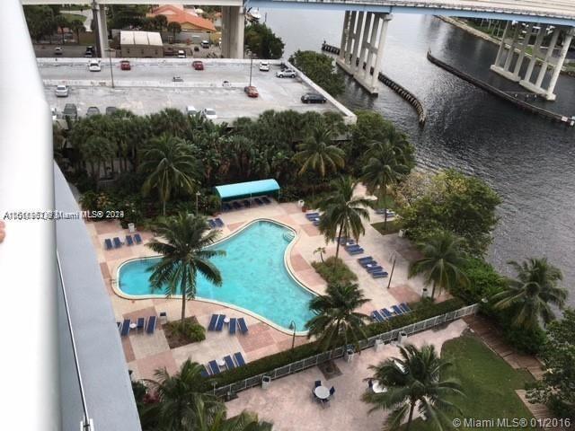 view of pool featuring a patio and a water view