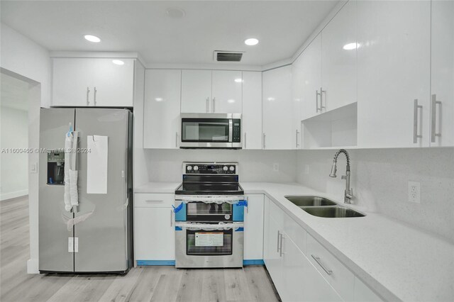 kitchen with white cabinetry, tasteful backsplash, light wood-type flooring, sink, and appliances with stainless steel finishes