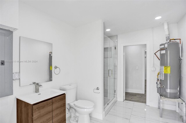 bathroom featuring a shower with door, gas water heater, toilet, tile patterned floors, and vanity