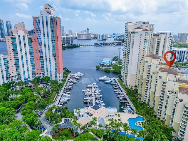 aerial view featuring a water view