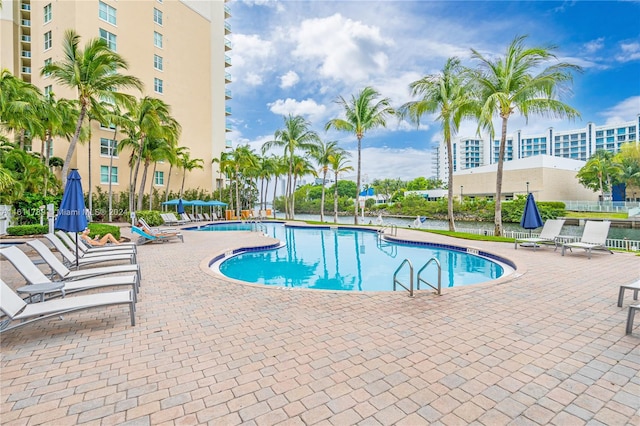 view of swimming pool featuring a patio