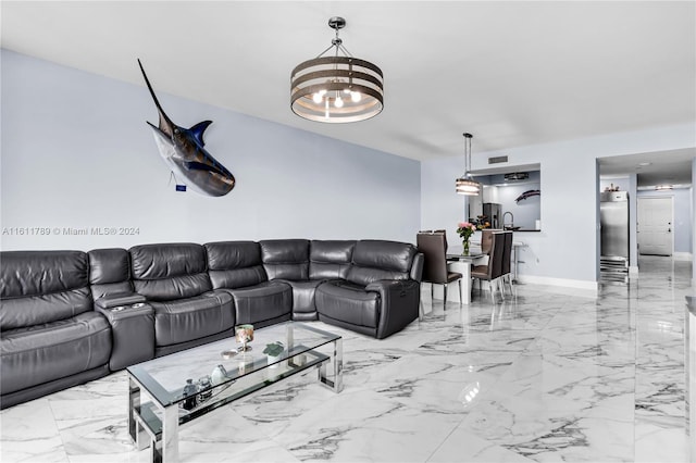 living room featuring light tile floors