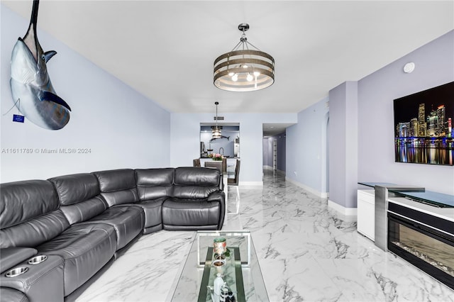 living room featuring light tile flooring