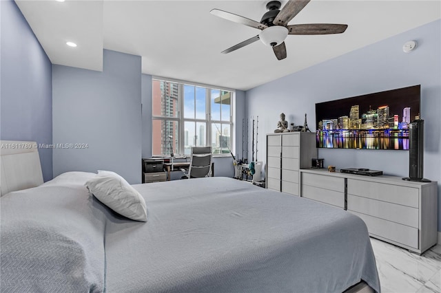 bedroom with floor to ceiling windows, ceiling fan, and light tile floors